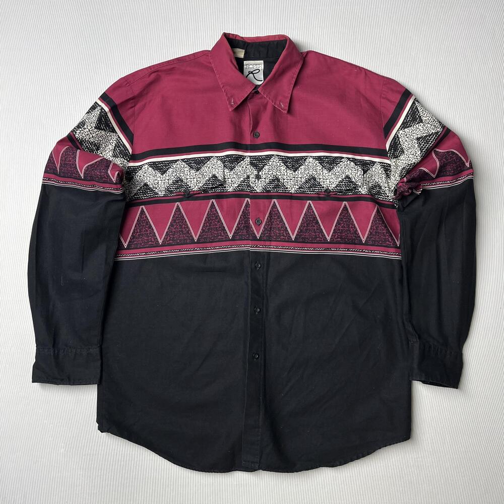 Vintage Roper Shirt Mens L Black Burgundy Aztec Geometric Western Button Up